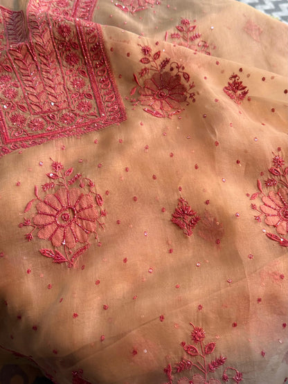Beige Red Noor Organza Silk Chikankari Unstitched Kurta Dupatta Set