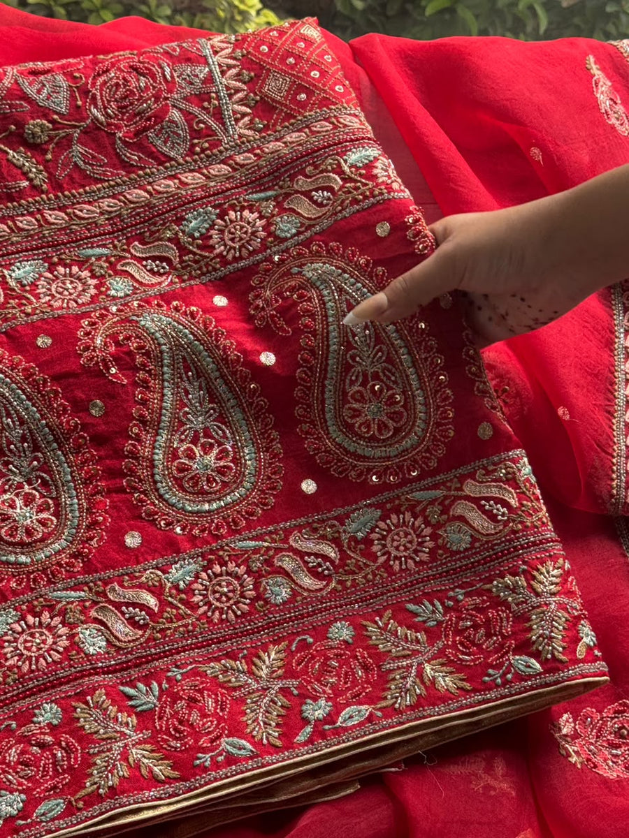 Red Shade Noor Banarasi Organza Chikankari Unstitched Fabric