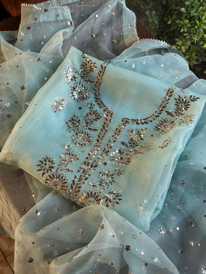 Sea Green Shade Noor Organza Silk Badla Unstitched Kurta Dupatta Set