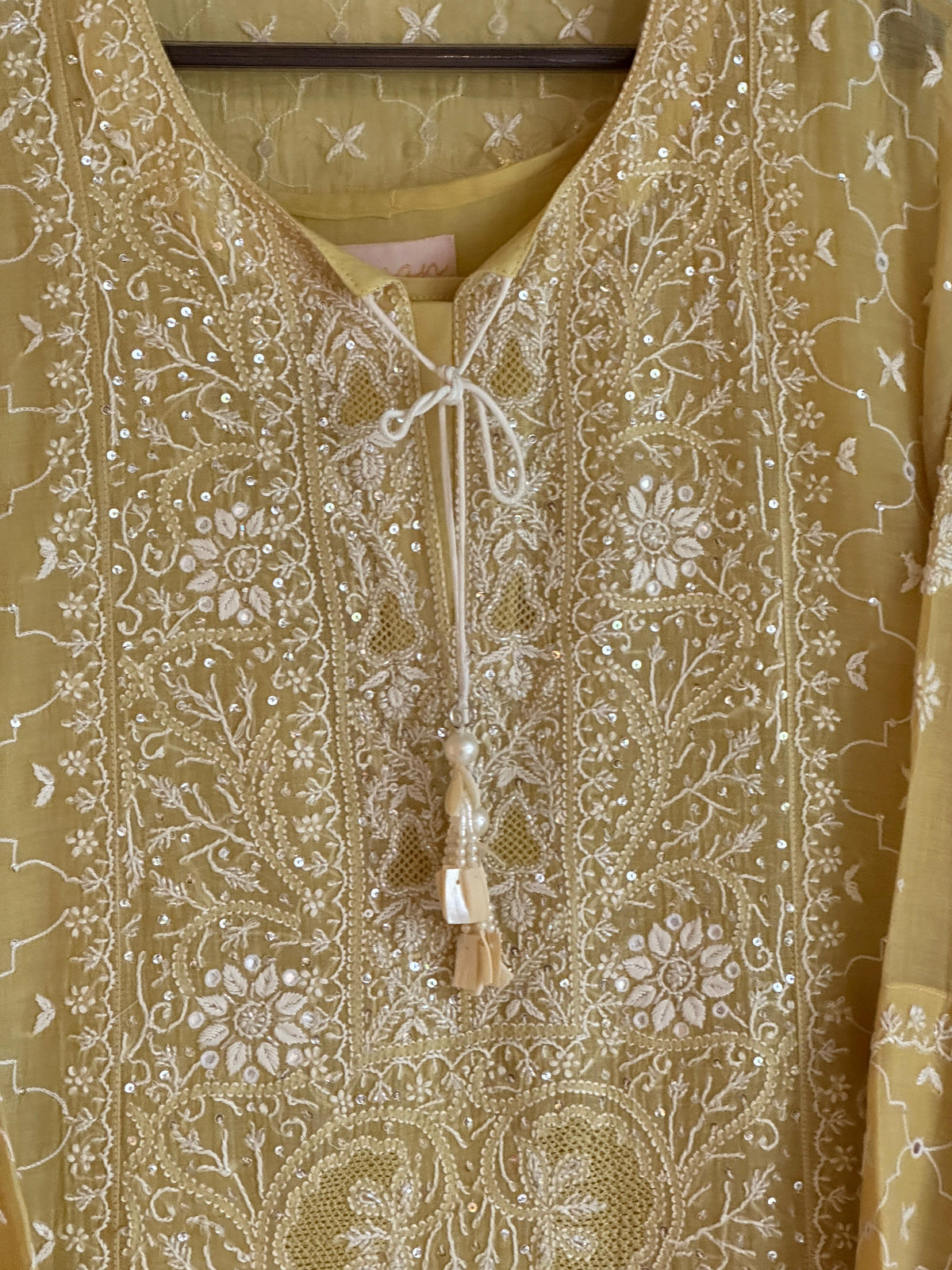 Yellow Shade Malmal Pearl White Chikankari Ready to Wear Kurta Set