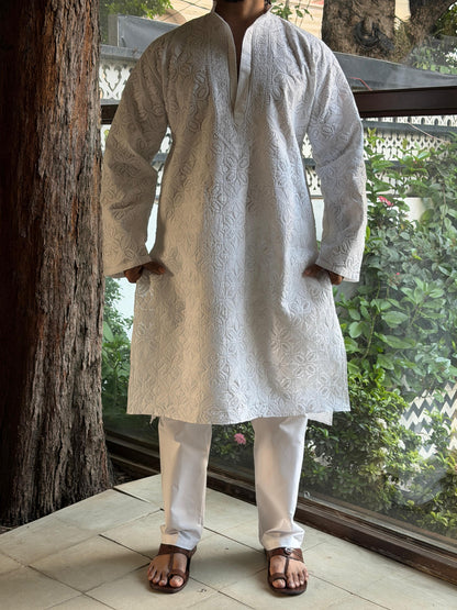 White Cotton Chikankari Men's Kurta
