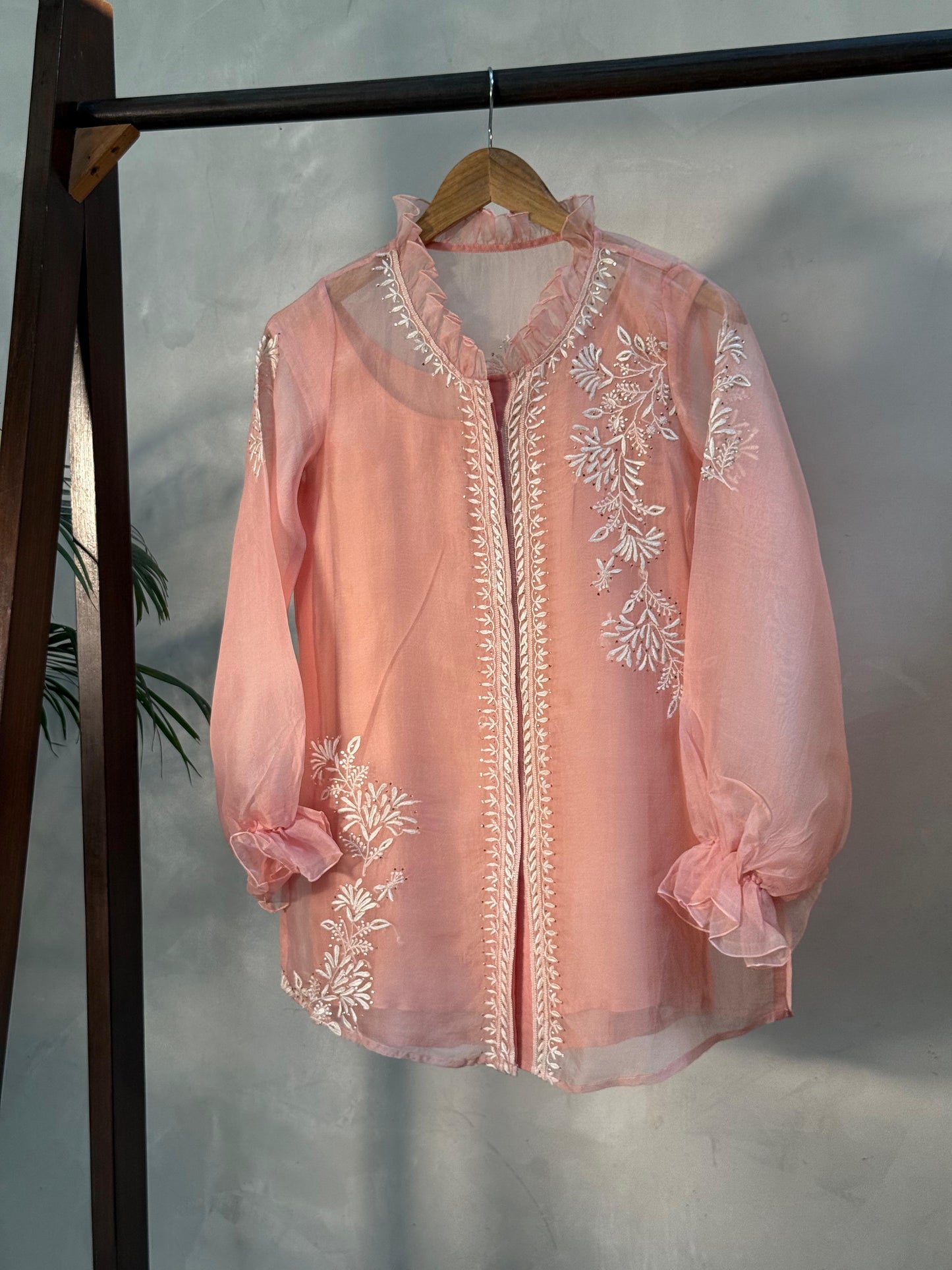 Pastel Peach Noor Organza Frill Lace With Resham Chikankari Short Top
