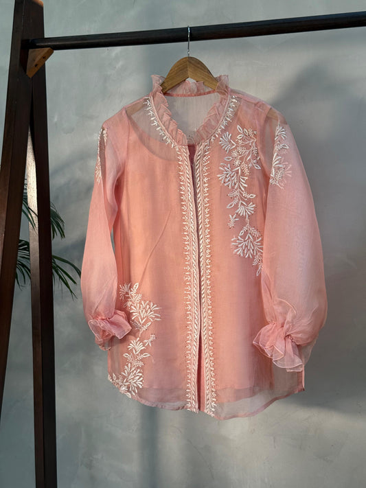 Pastel Peach Noor Organza Frill Lace With Resham Chikankari Short Top