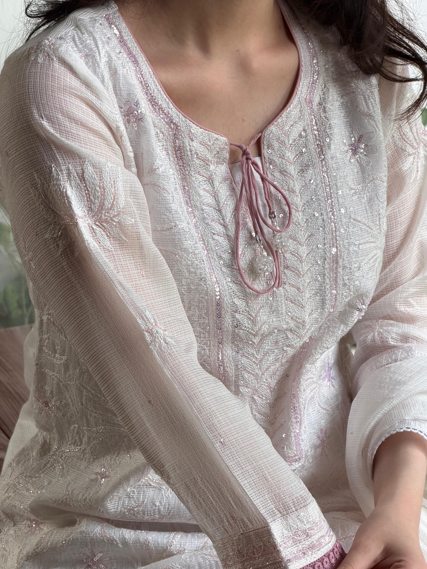Powder Mauve Shade Kota Pearl Work Chikankari Kurta Set
