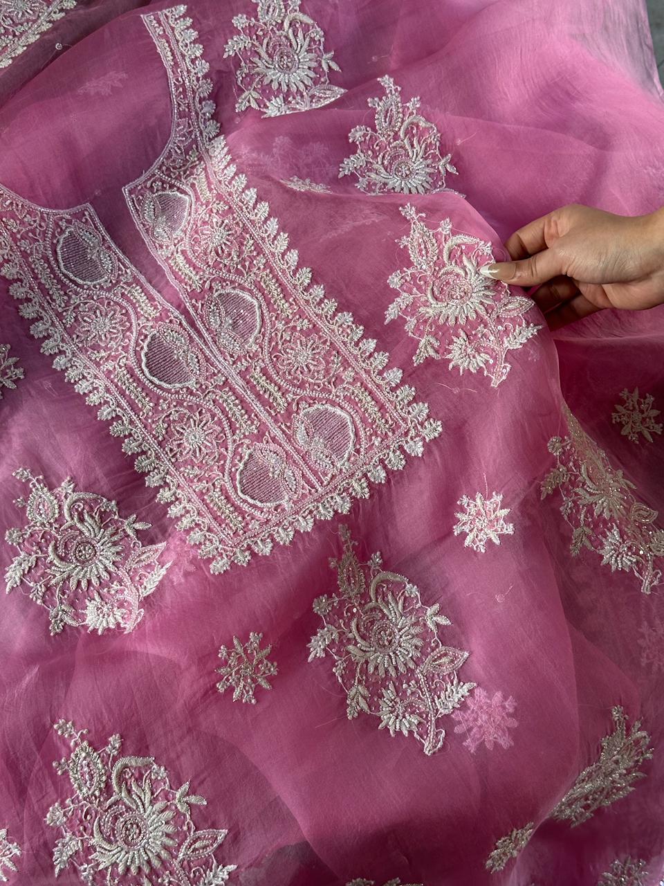 Pink Shade Noor Organza Silk Chikankari Unstitched Kurta Dupatta Set