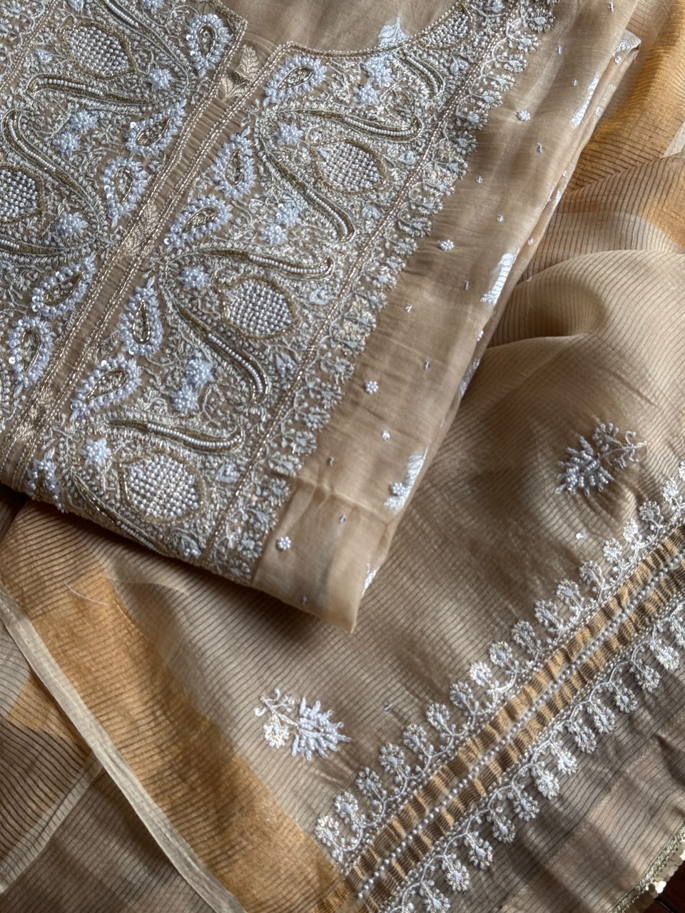 Beige Shade Banarasi Zari Chanderi Unstitched Chikankari Fabric