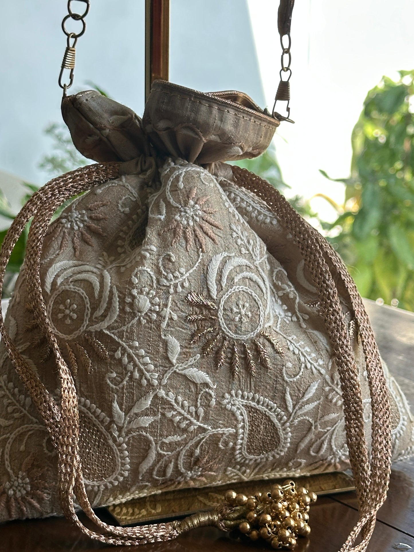 Natural Beige Raw Silk Chikankari Polti Bag