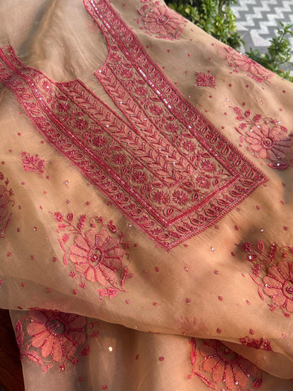 Beige Red Noor Organza Silk Chikankari Unstitched Kurta Dupatta Set
