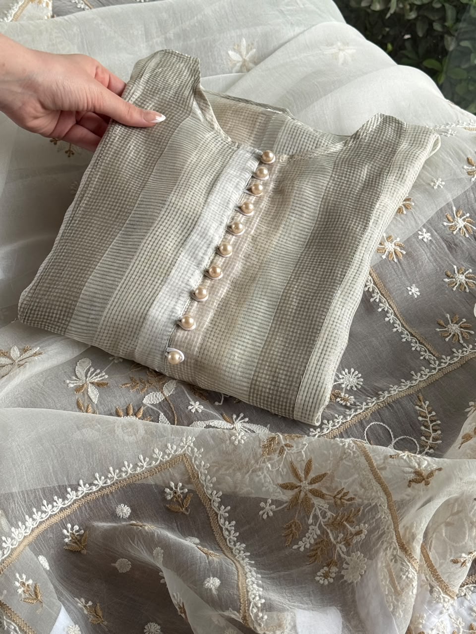 Ivory Kota Pattu Chikankari Suit Set with Organza Dupatta & Pearl Loop Buttons