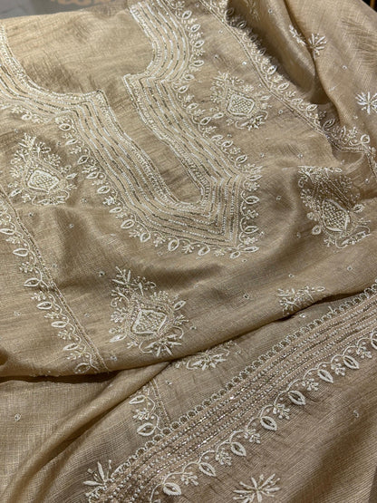 Beige Rasm Tussar Kota Chikankari Unstitched Chikankari Fabric
