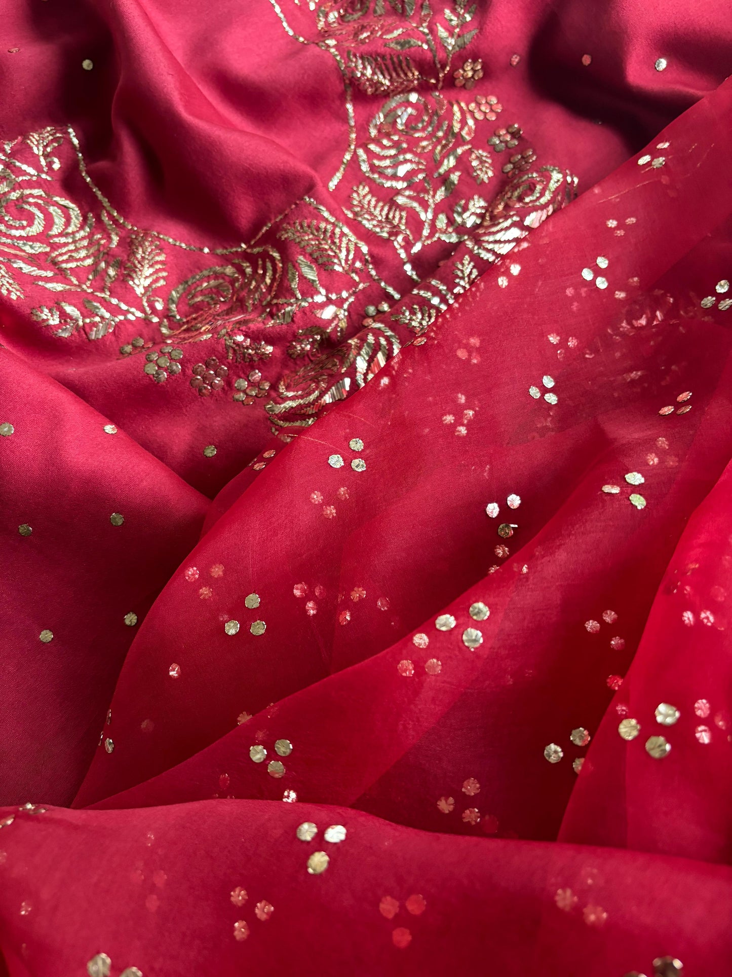 Berry Red Chanderi Silk Mukaish Badla Unstitched Fabrics
