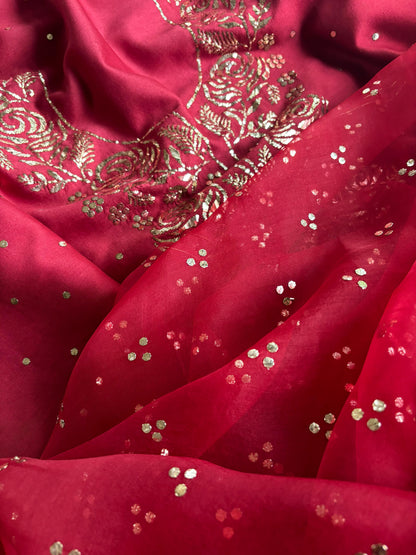 Berry Red Chanderi Silk Mukaish Badla Unstitched Fabrics