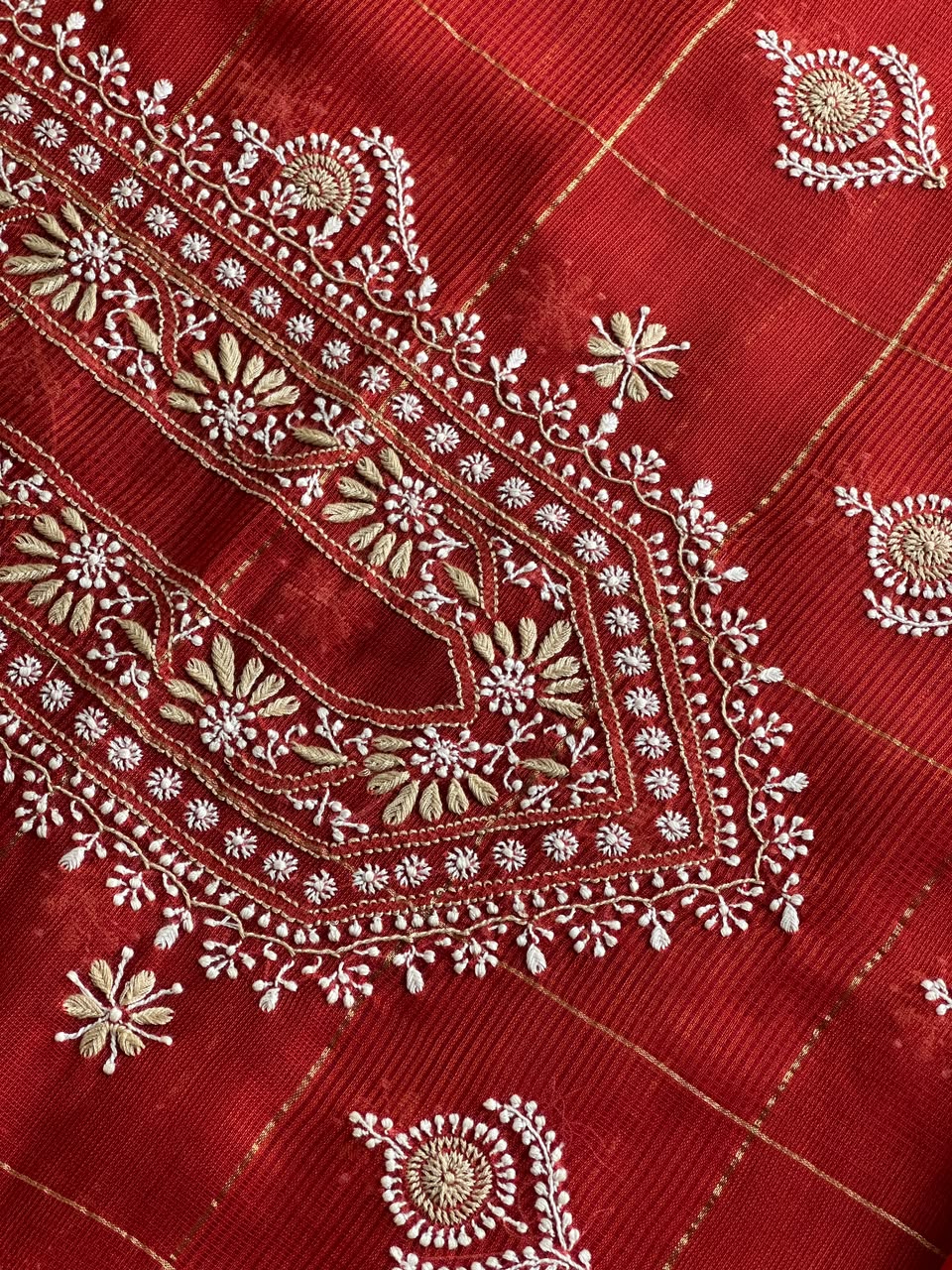 Red Shade Tissue Zari Kota Chikankari Unstitched Fabric