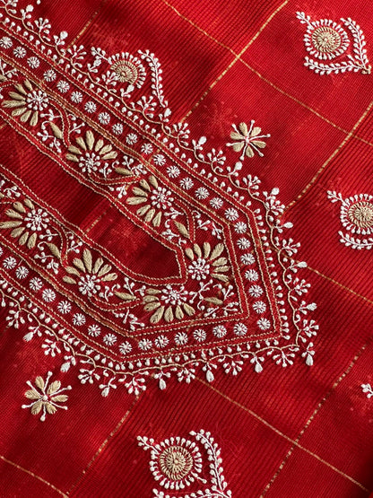 Red Shade Tissue Zari Kota Chikankari Unstitched Fabric