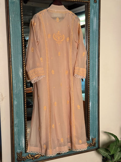 Peach Chiffon Chikankari Kurta with Lace Detailing