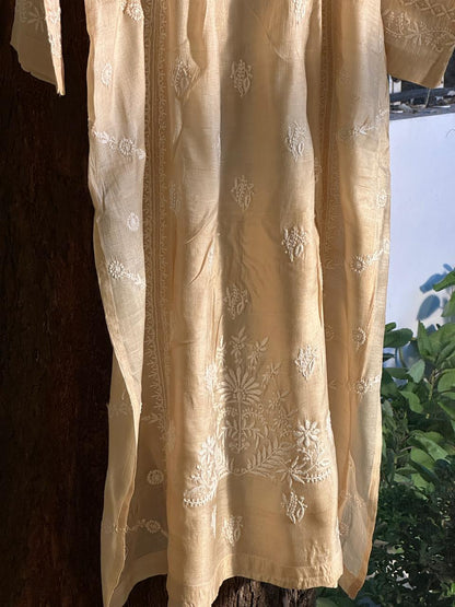 Natural Tussar Silk Chikankari Ready to Wear A Line Kurta