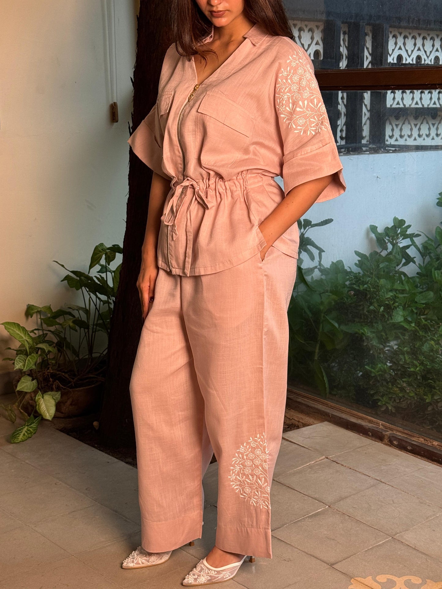 Linen Chikankari Safari Co-Ord Set