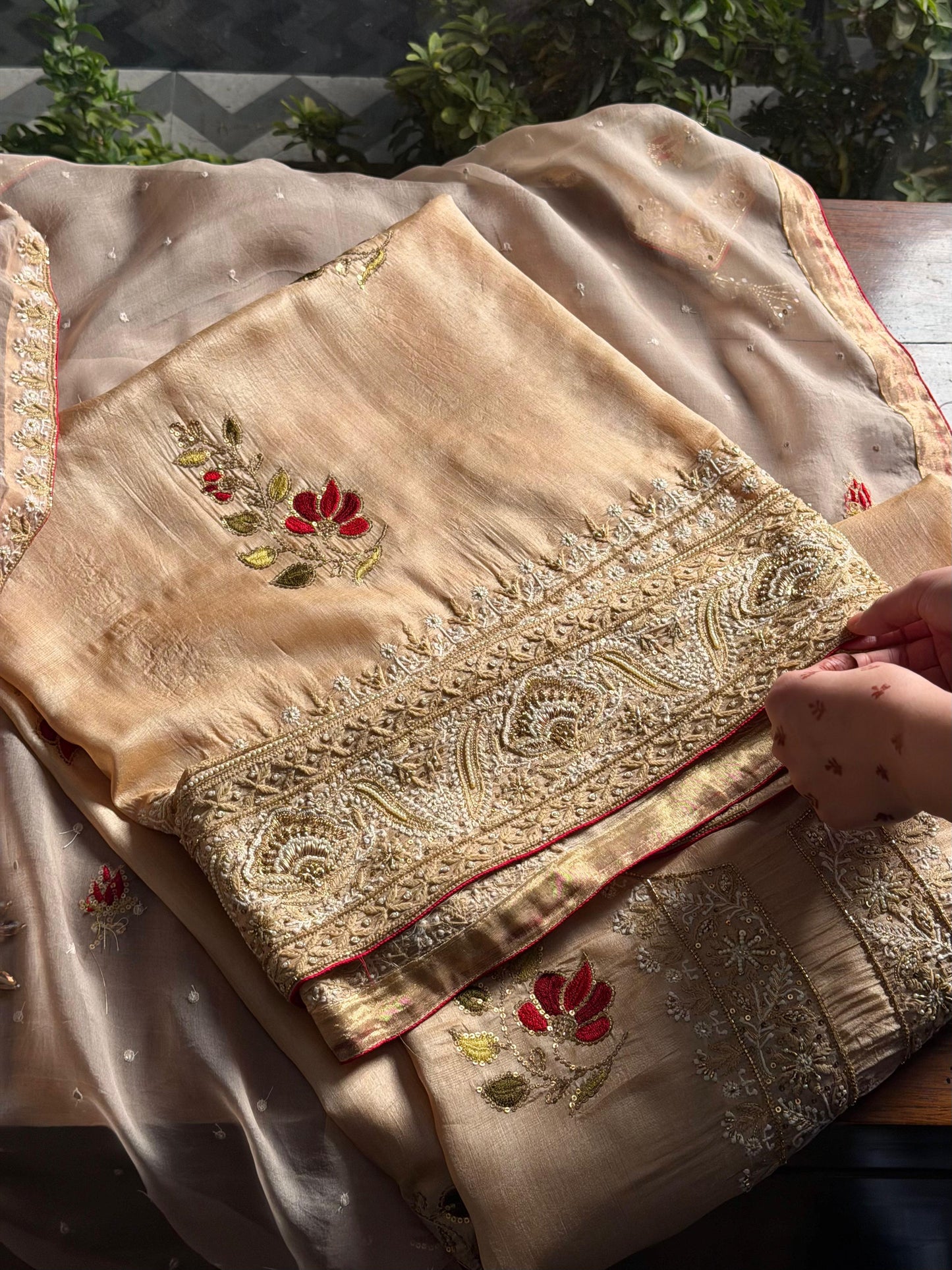 Natural Paper Tussar Resham Chikankari Unstitched Fabric Kurta Dupatta Set