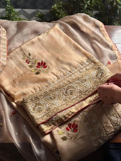 Natural Paper Tussar Resham Chikankari Unstitched Fabric Kurta Dupatta Set