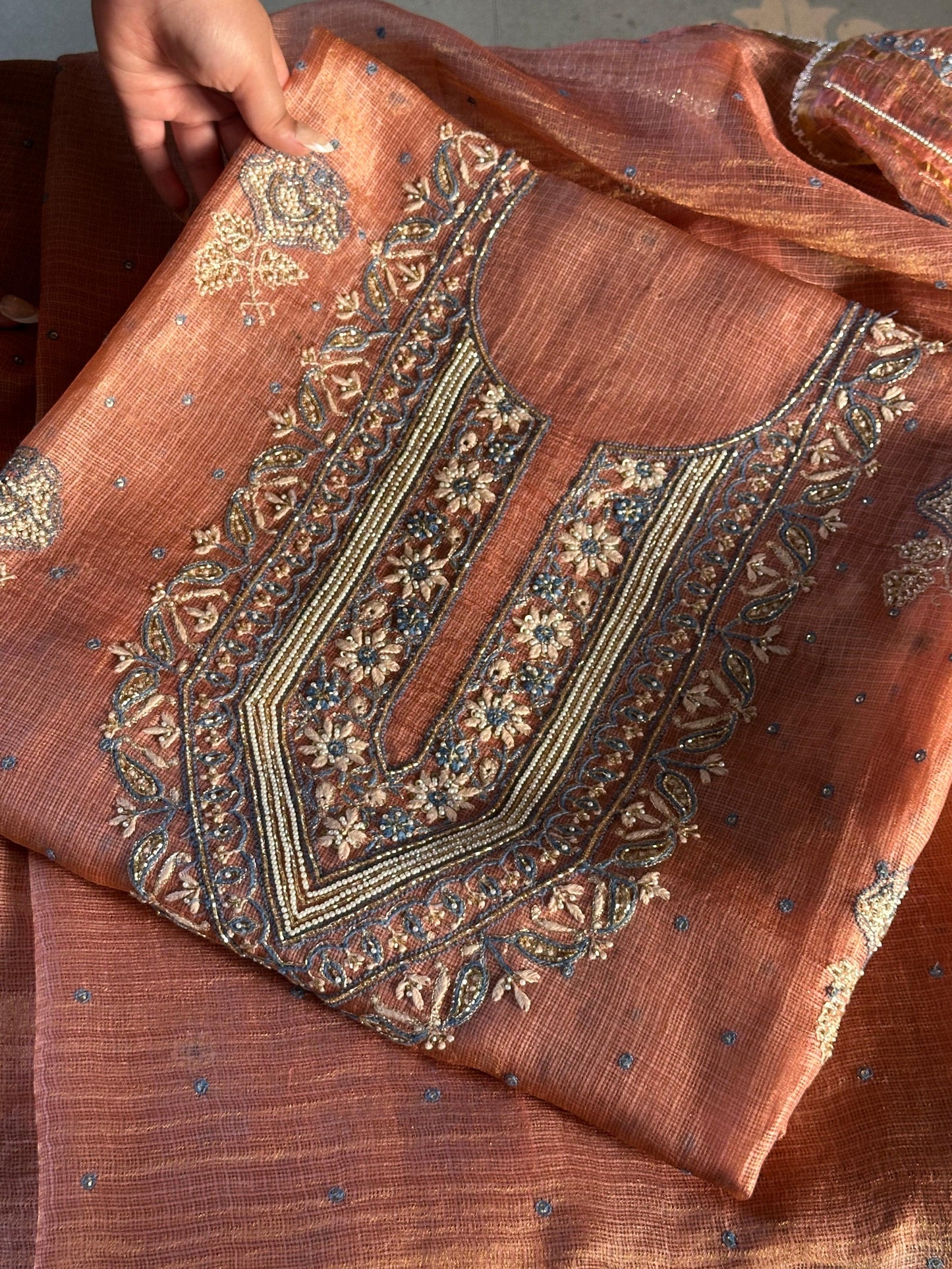 Burnt Peach Shade Tissue Silk Kota Chikankari Unstitched Fabric