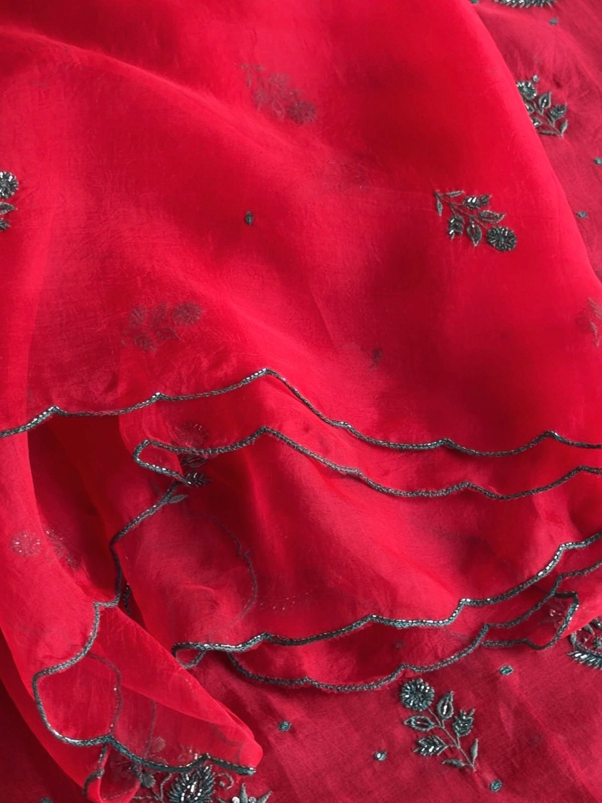 Watermelon Shade Noor Organza Silk Chikankari Unstitched Kurta Dupatta Set