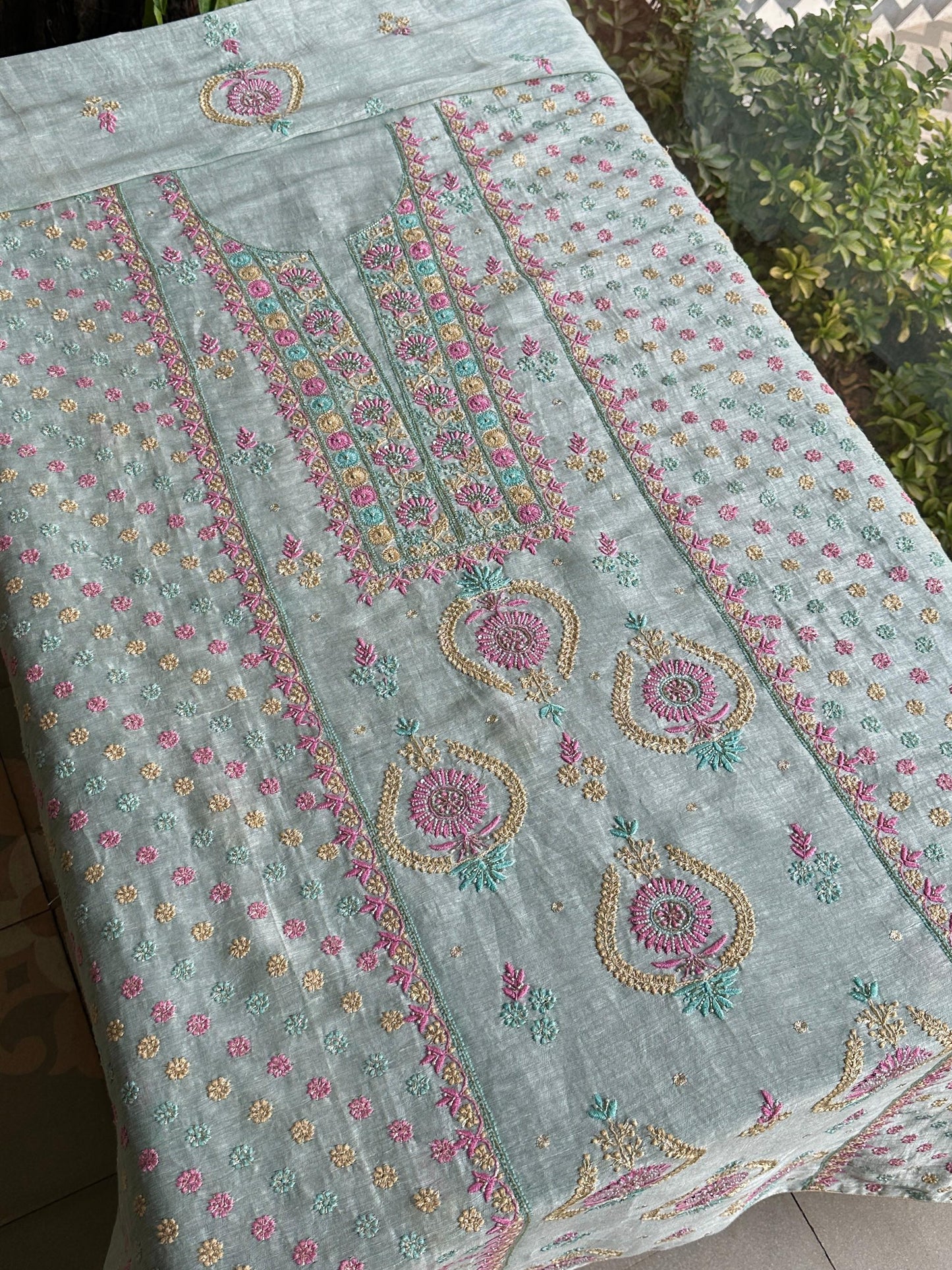 Pastel Mint Shade Rasm Silk Chikankari With Ari Work Unstitched Kurta Dupatta Set