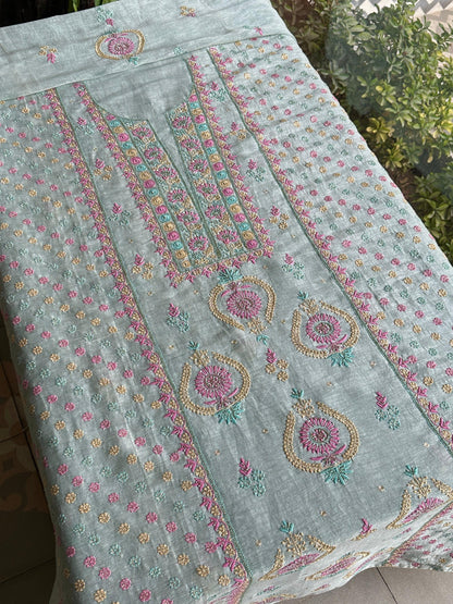 Pastel Mint Shade Rasm Silk Chikankari With Ari Work Unstitched Kurta Dupatta Set