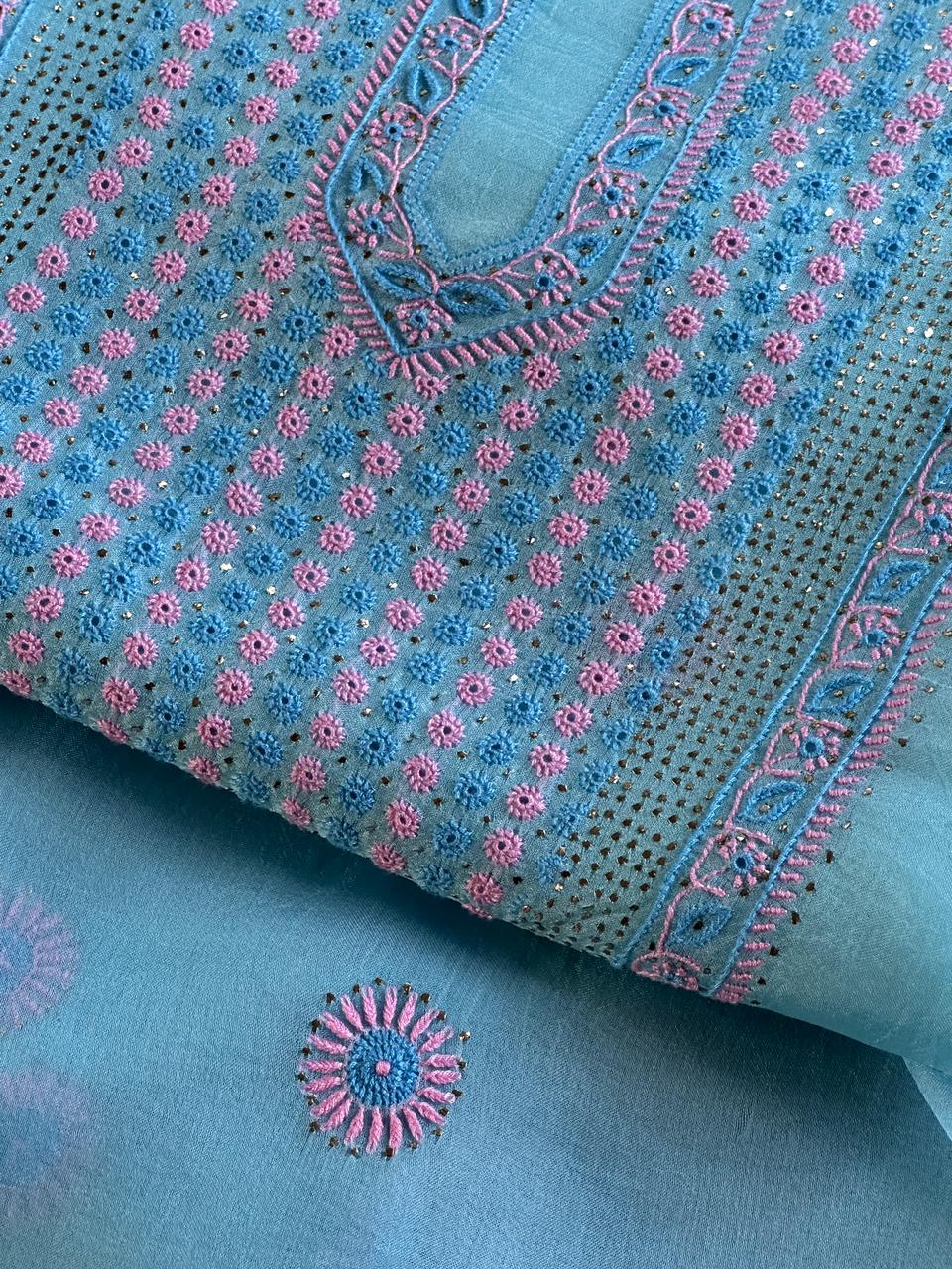 Blue Multi Shade Organza Silk Chikankari Unstitched Fabric