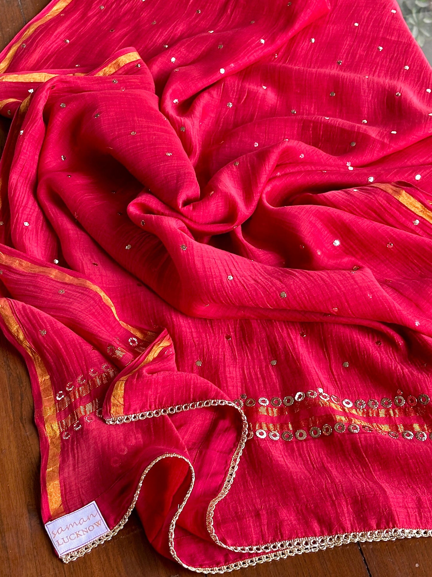 Cherry Red Shade Mukaish Mul Chanderi Silk Dress