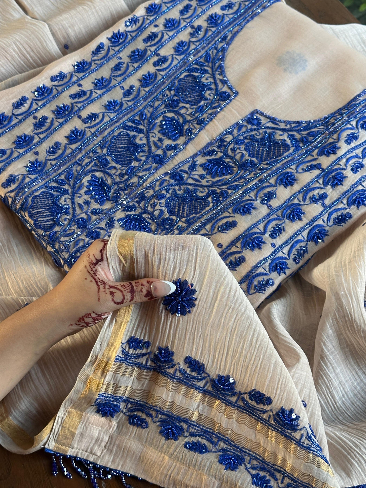 Beige & Blue Mal Chanderi Silk Chikankari With Sequins Unstitched Kurta Dupatta Set
