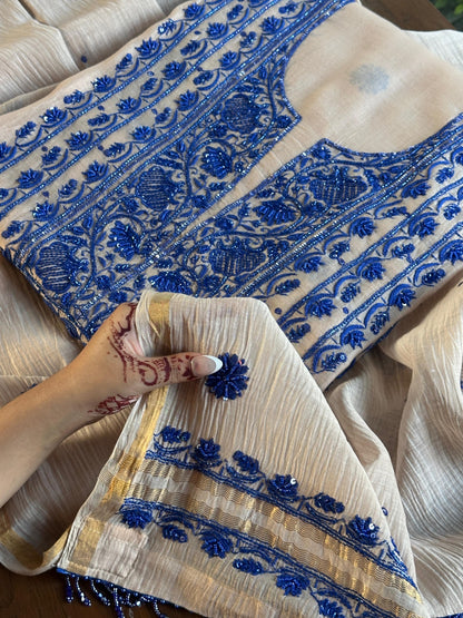 Beige & Blue Mal Chanderi Silk Chikankari With Sequins Unstitched Kurta Dupatta Set