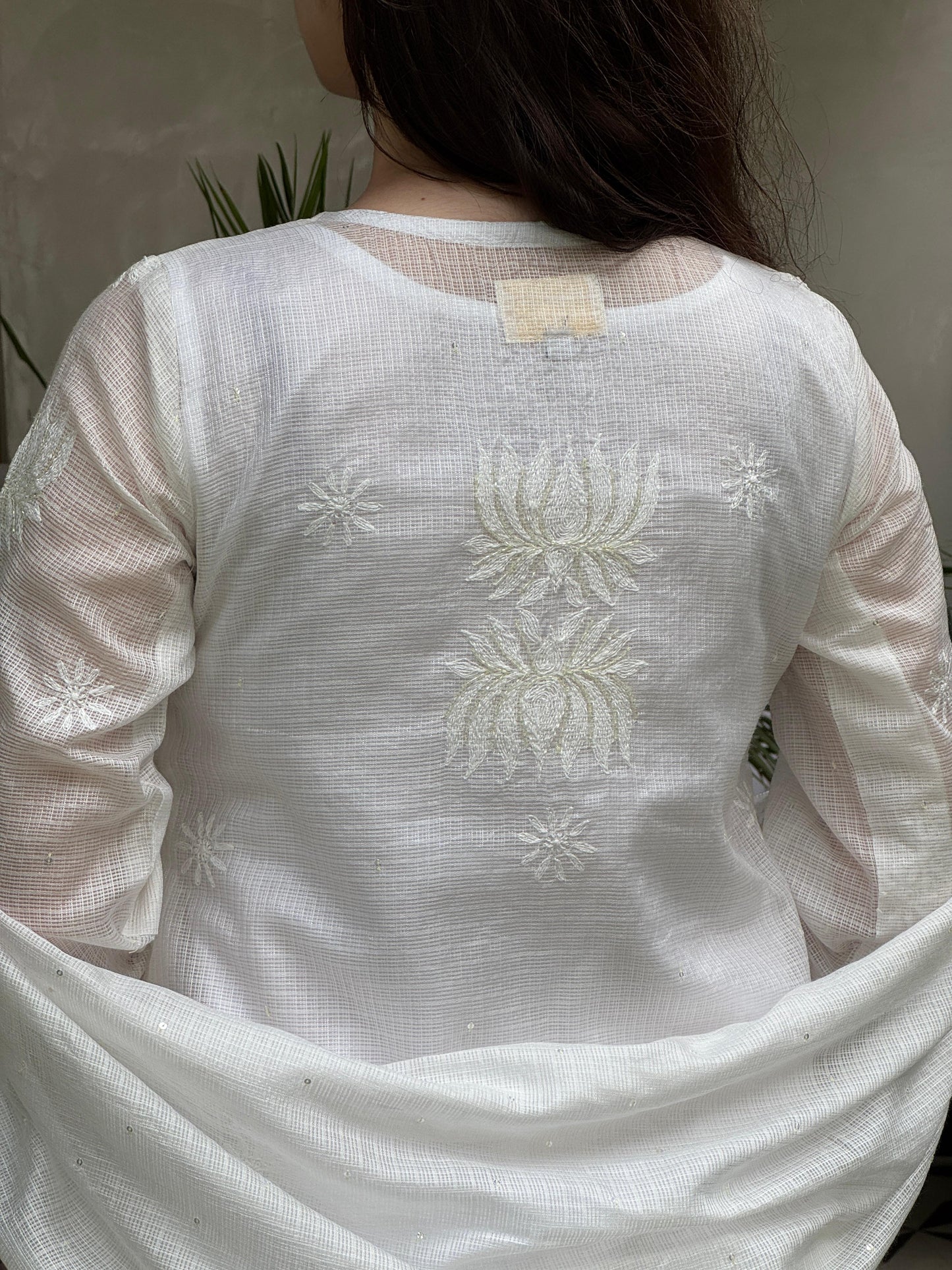 White & Lemon Shade Kota Pearl Work Chikankari Kurta Set