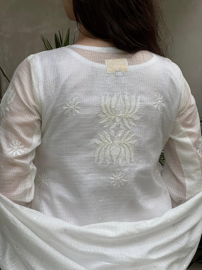 White & Lemon Shade Kota Pearl Work Chikankari Kurta Set