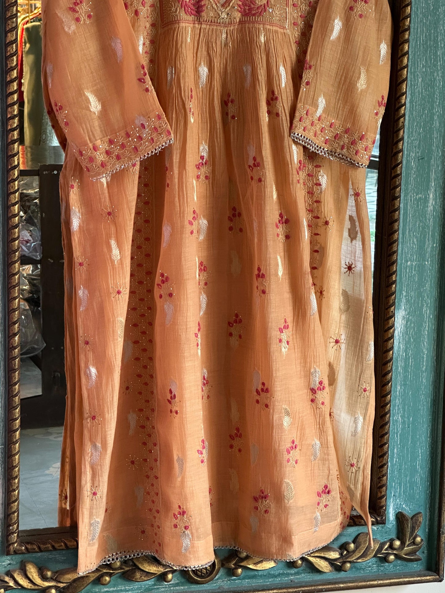 Orange Peach Shade Zari Chanderi Chikankari Ready to Wear Tunics