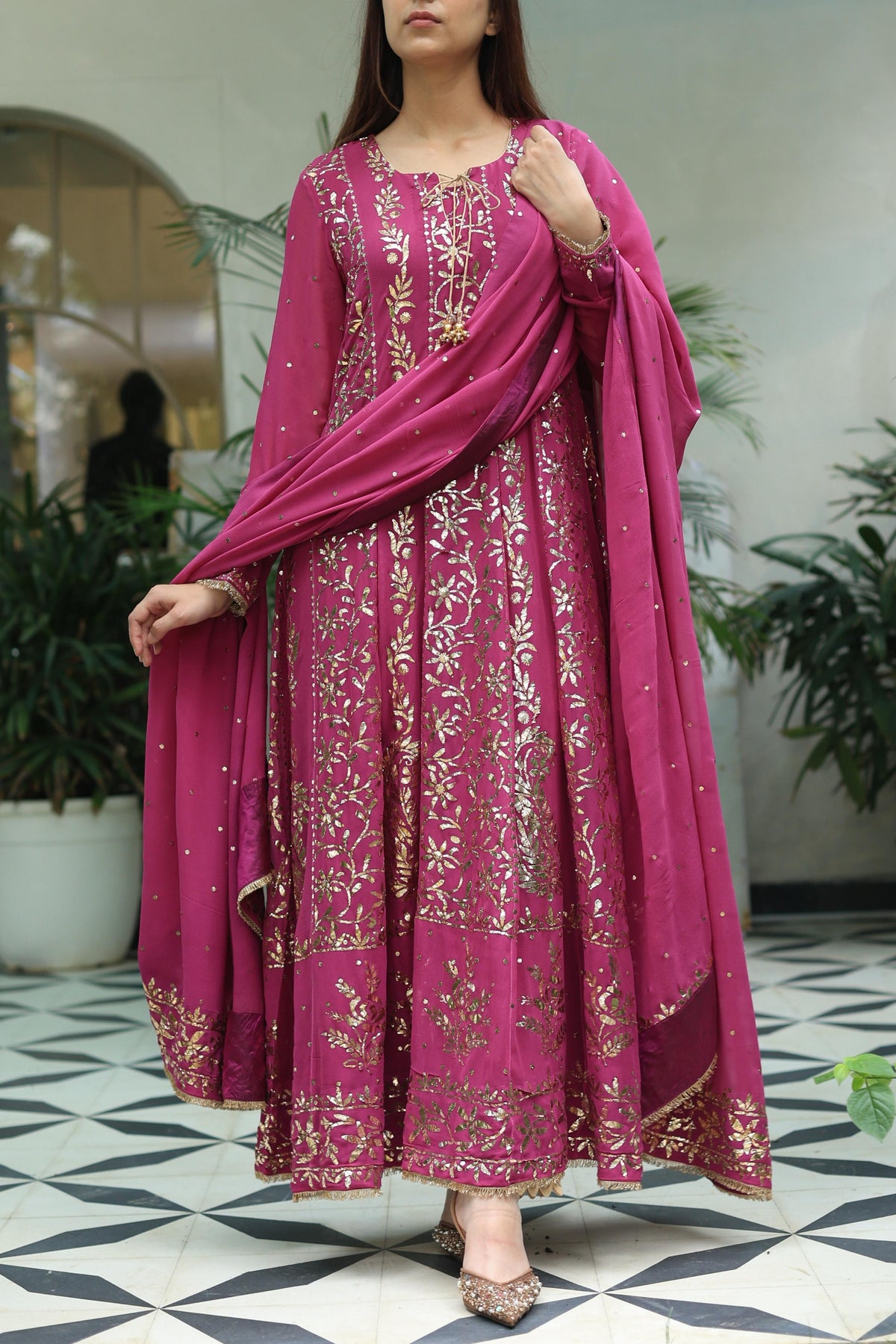 Plum Pink Shade Heavy Mukaish Badla Anarkali Suit Set