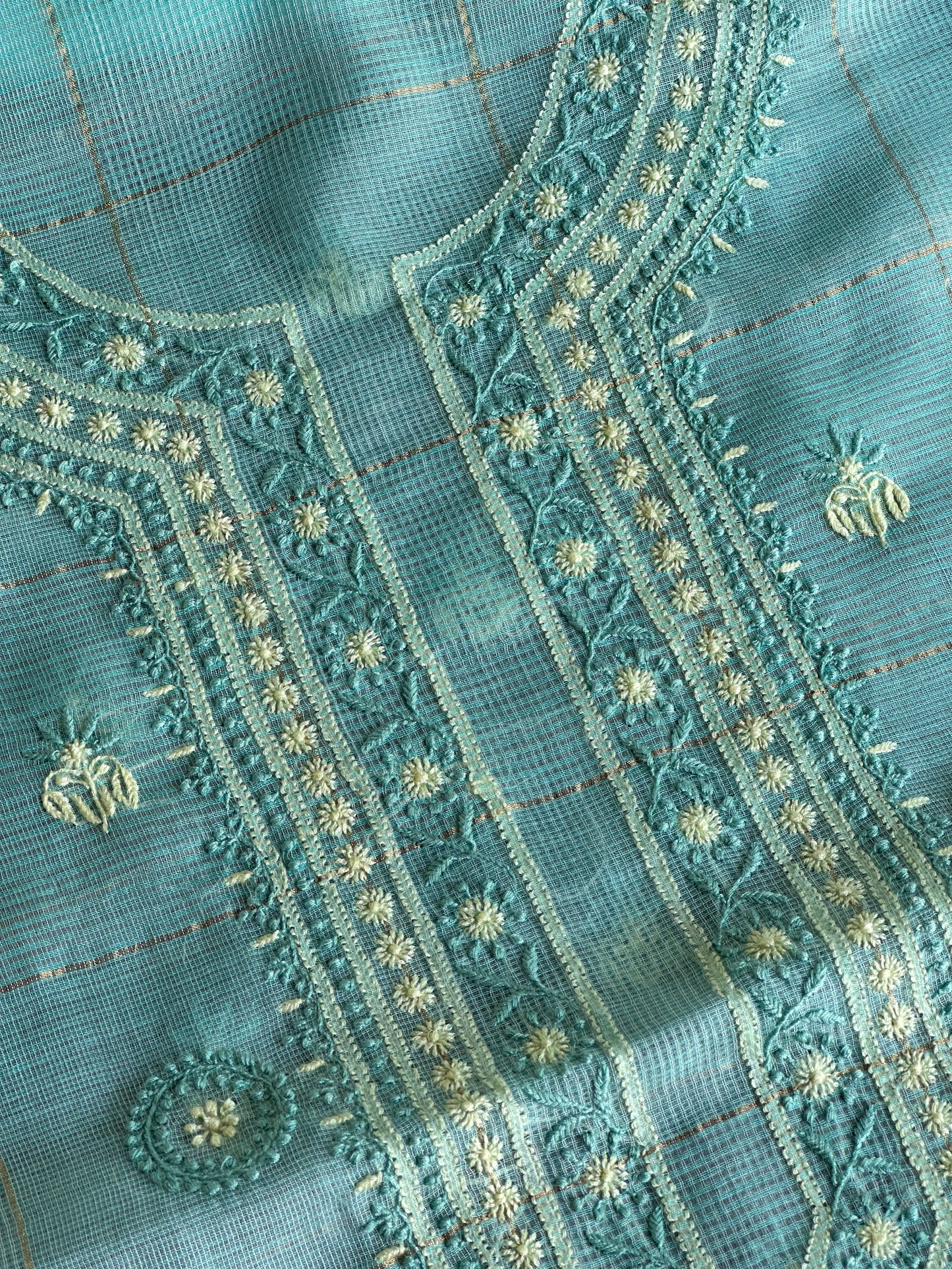 Aqua Green Shade Tissue Zari Kota Chikankari Unstitched Fabric