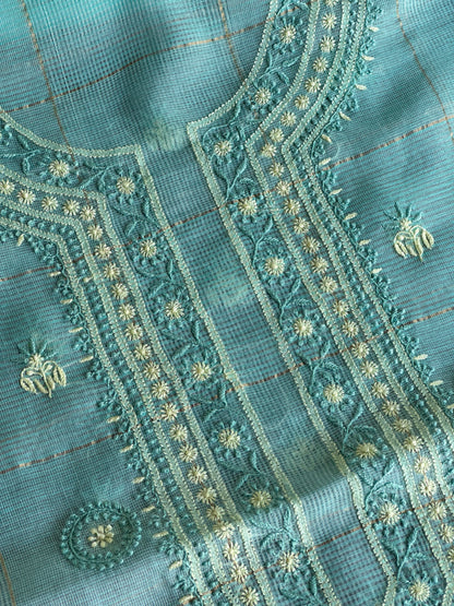 Aqua Green Shade Tissue Zari Kota Chikankari Unstitched Fabric