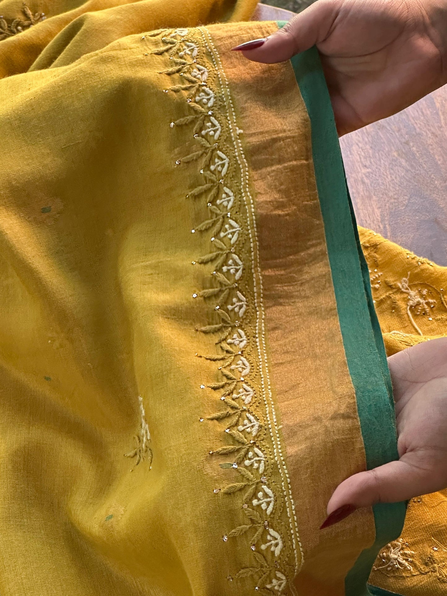 Mustard Yellow Shade Chanderi Chikankari Saree