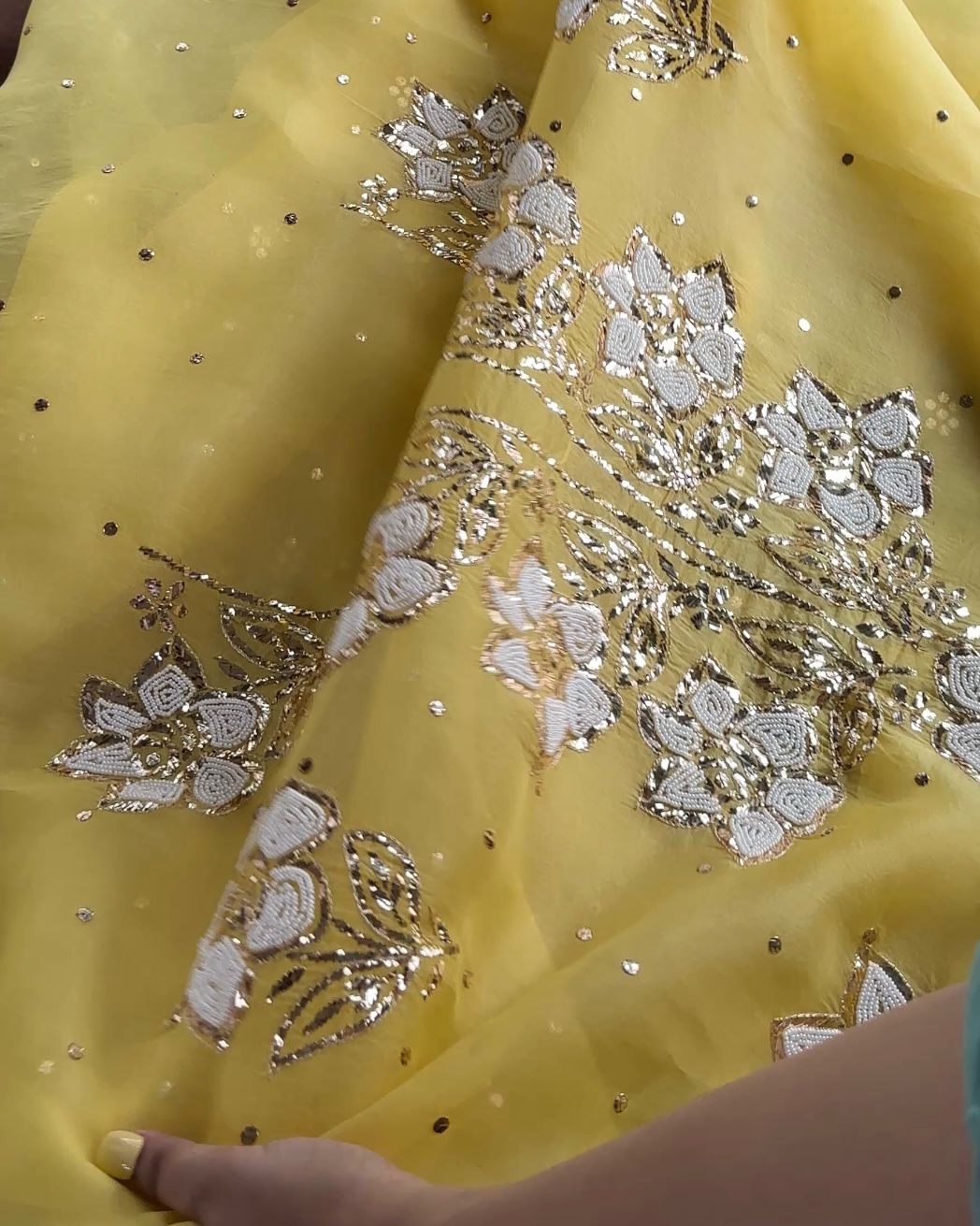 Yellow Noor Organza Silk Mukaish Pearl Chikankari Unstitched Fabric
