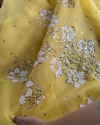 Yellow Noor Organza Silk Mukaish Pearl Chikankari Unstitched Fabric