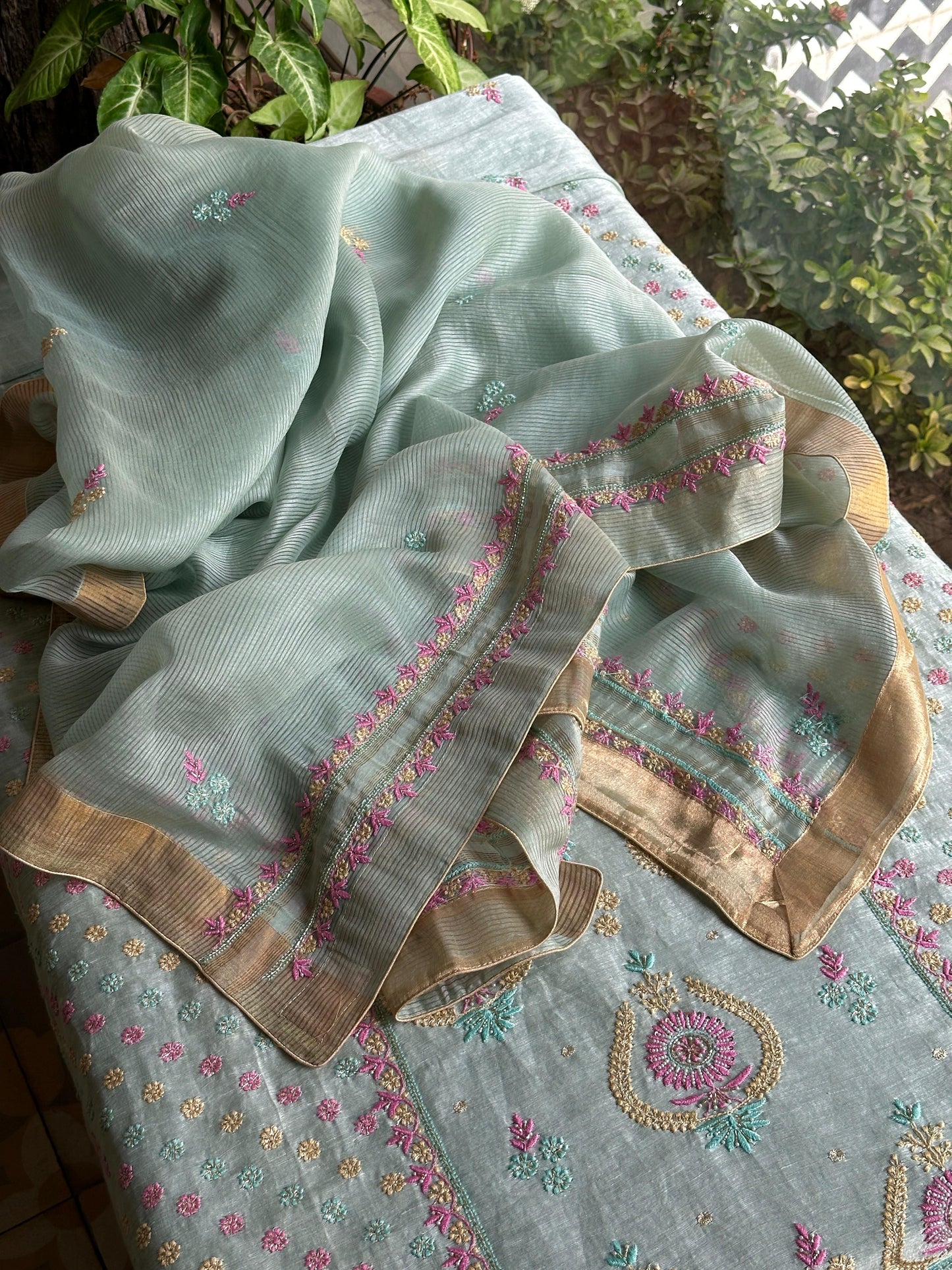 Pastel Mint Shade Rasm Silk Chikankari With Ari Work Unstitched Kurta Dupatta Set