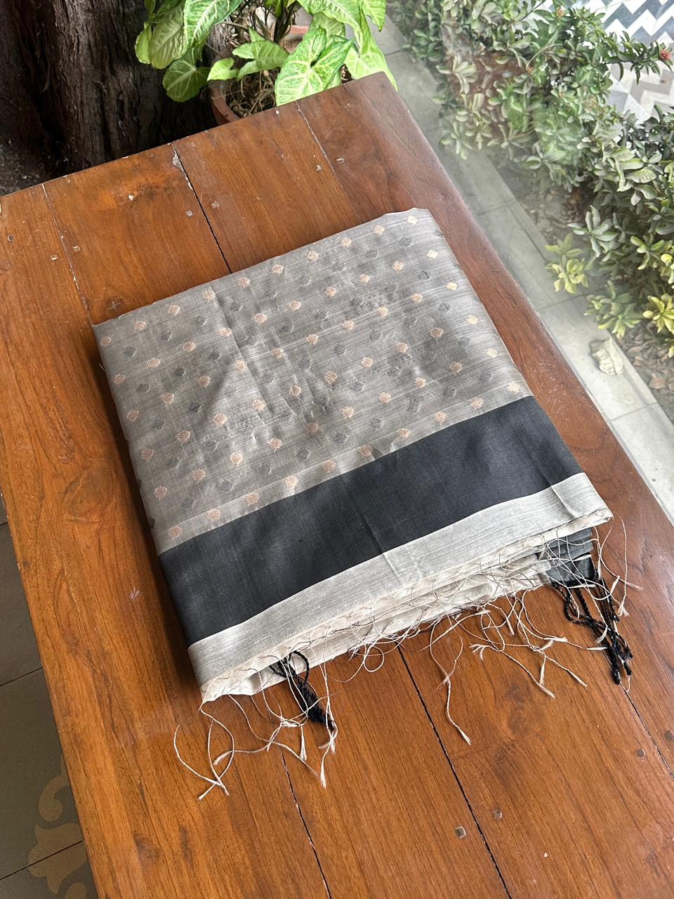 Grey Woven Butta Saree with Contrast Black Border