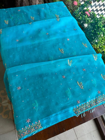 Peacock Blue Organza Banarasi Silk Chikankari Unstitched Kurta Dupatta Set