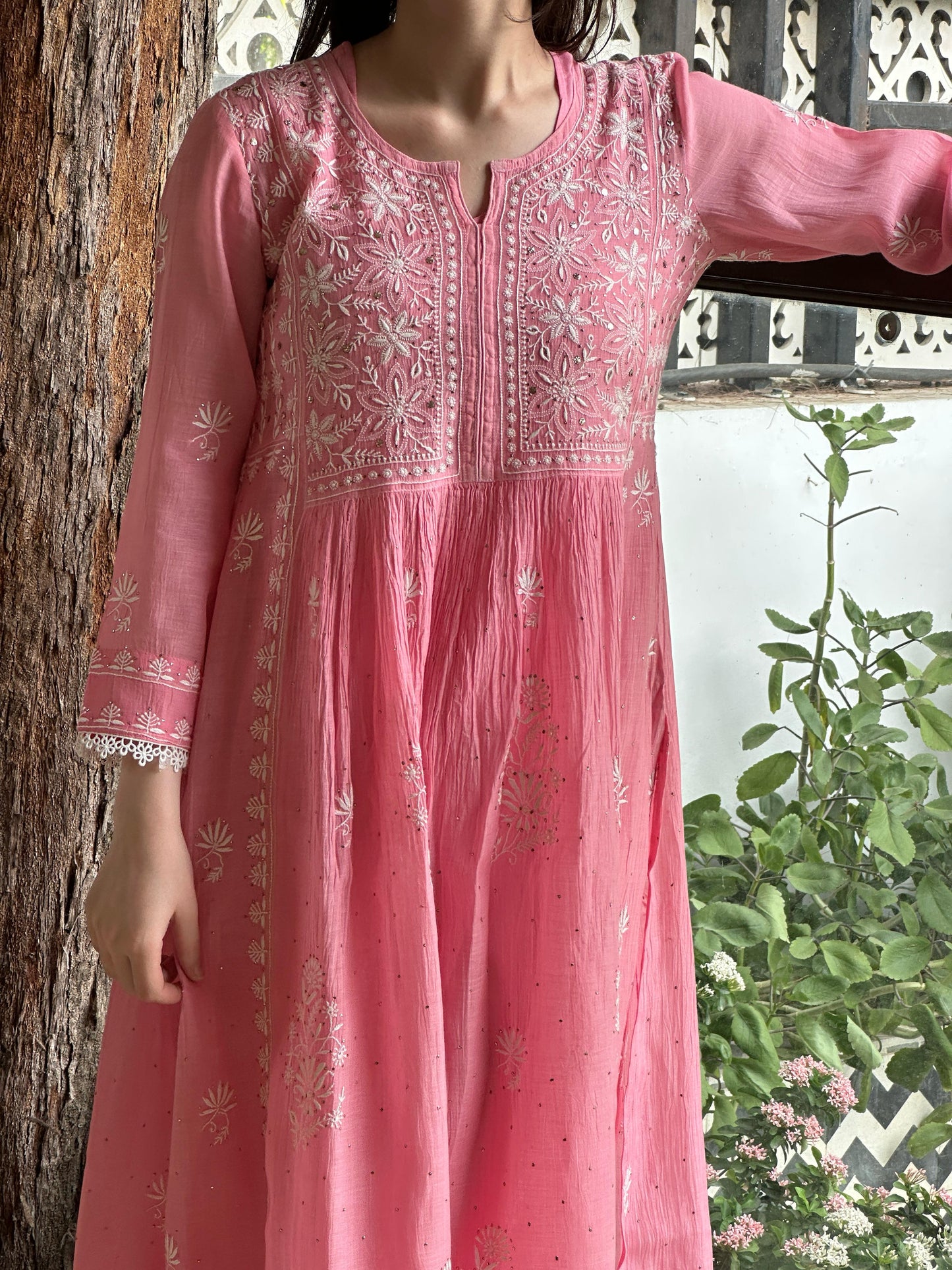 Pink Shade Malmal Mukaish Kamdani Chikankari Kurta Set