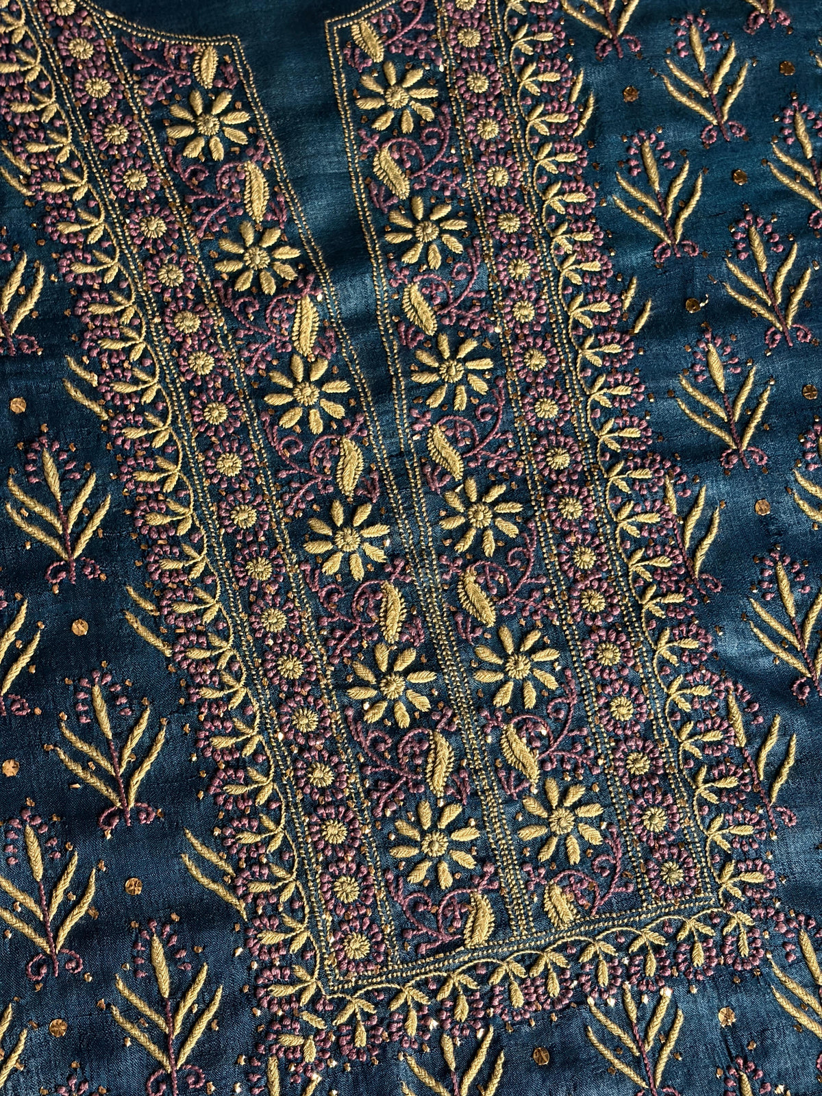 Blue Multi Roheen Tussar Silk Chikankari Fabric