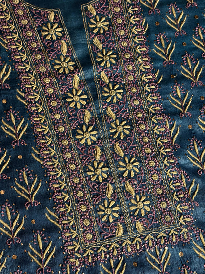 Blue Multi Roheen Tussar Silk Chikankari Fabric