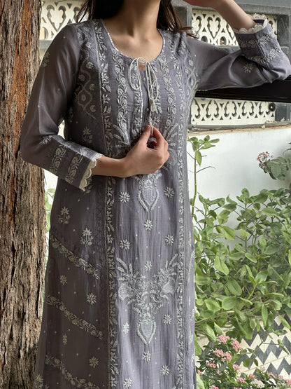 Grey Shade Malmal Mukaish Kamdani Chikankari Kurta Set