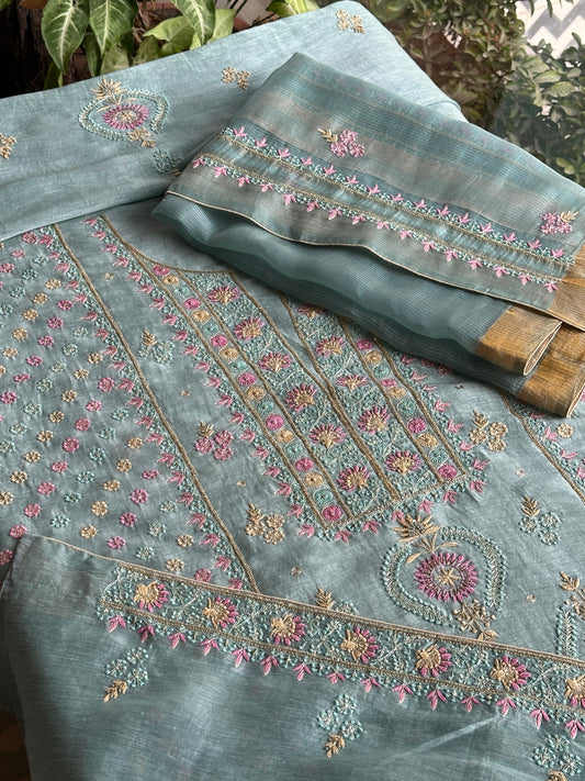 Mint Shade Rasm Silk Chikankari With Ari Work Unstitched Kurta Dupatta Set
