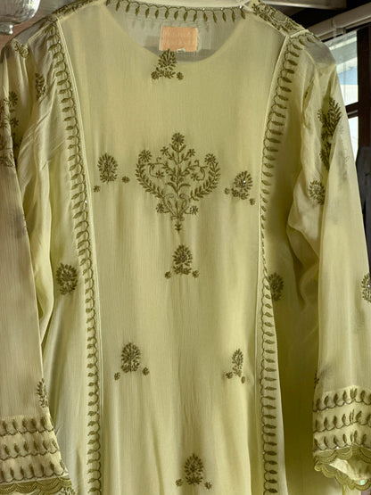 Pista Green Chiffon Chikankari Kurta with Lace Detailing