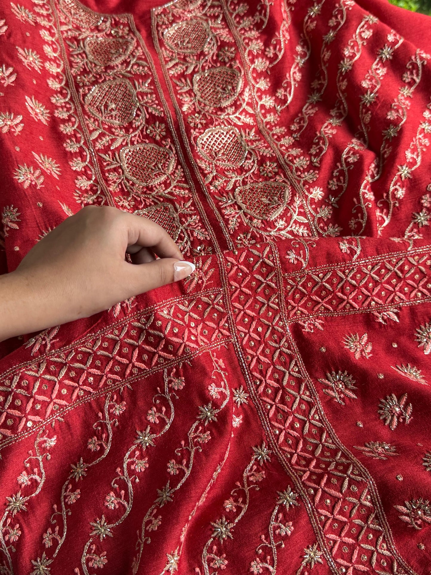 Deep Red Shade Moonga Silk Chikankari Unstitched Fabric
